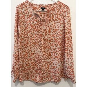 Talbots Petite Medium Floral Pintuck Blouse Orange Cream Long Sleeve